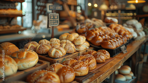 there are many different types of bread on display in a bakery