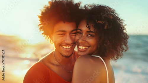 Couple in love traveling together man and woman walking on the beach romantic summer vacations outdoor family relationship husband and wife photo