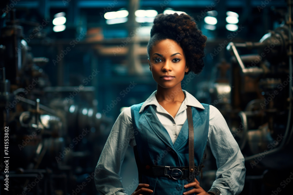 Portrait of a self-confident attractive African American woman looking at the camera against the background of industrial production. A young woman at the factory in a white shirt and a blue vest. Portrait of a self-confident attractive African American woman looking at the camera against the background of industrial production. A young woman at the factory in a white shirt and a blue vest.