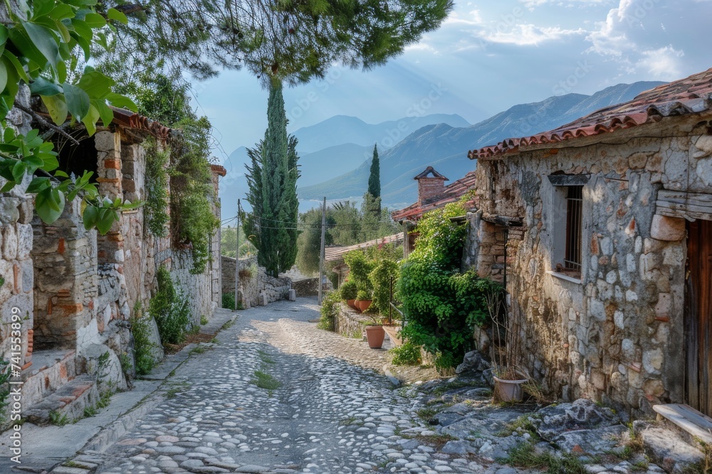 Amidst a quaint village nestled in the mountains, a stone street winds through a lush landscape of towering trees and endless skies