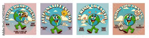 Collage retro posters with funny walking comic characters, care for the enviroment . Save water, recycle, less plastic, alternative energy. Eco save planet, Earth day concept. Set in vintage style	