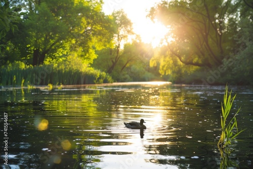 A solitary duck glides through the peaceful bayou, basking in the warm sunlight and surrounded by a serene landscape of trees, plants, and reflections in the water photo