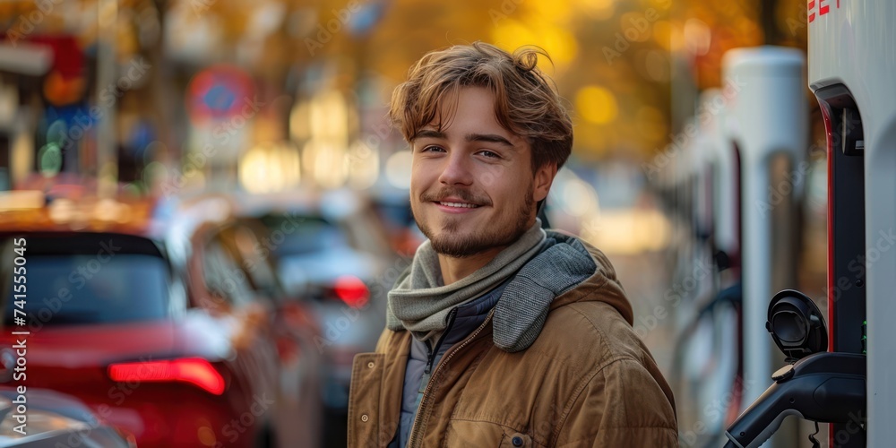 Happy Young Man using, talking on phone while recharging EV car battery at charging station Happy Young Man using, talking on phone while recharging EV car battery at charging station
