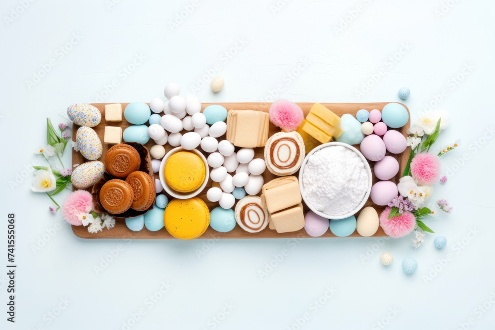Easter sweet charcuterie board with chocolate eggs, candies, flowers and marshmallows on white background. Top view. Easter sweet charcuterie board with chocolate eggs, candies, flowers and marshmallows on white background. Top view.