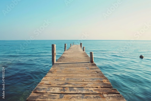 The rustic wooden dock stretched out over the crystal clear water  connecting the tranquil sky to the serene lake  creating a picturesque boardwalk for beachgoers to bask in the beauty of the ocean