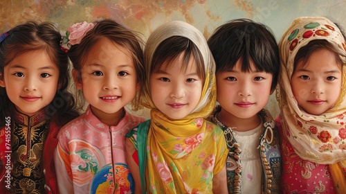 Brightly clad multicultural kids diverse group of children in colorful attire stand against a vibrant background. Generated AI