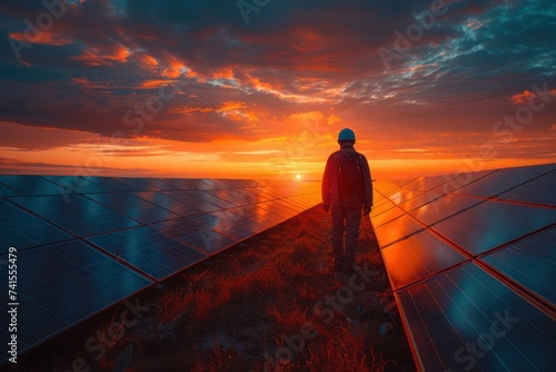 Image of an engineer in silhouette, servicing solar cells on a factory roof at sunrise