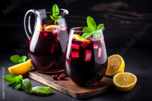 Sangria Pitcher and Glass with Fresh Fruit on Dark Background