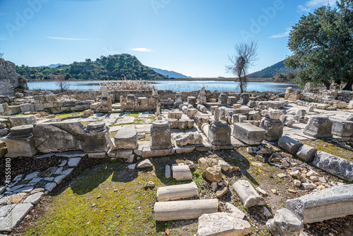 Scenic views from Kaunos and Dalyan, a city of ancient Caria, west of the modern town of Dalyan and The Calbys river ( Dalyan river) which was the border between Caria and Lycia in Muğla, Turkey photo