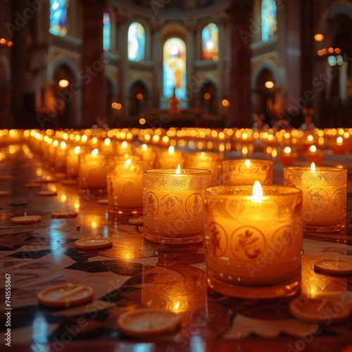 many Burning candles in a church close-up.
