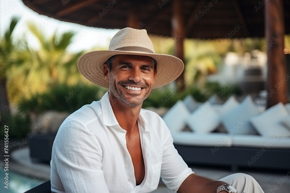 Portrait of a happy mature man sitting on chair at luxury resort