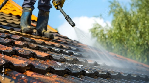 Roof cleaning with high pressure water photo