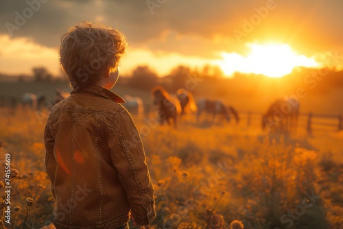 A cheerful 7-year-old boy wearing, standing with his back to us near a low fence, Behind the fence, horsess roam under the soft daylight