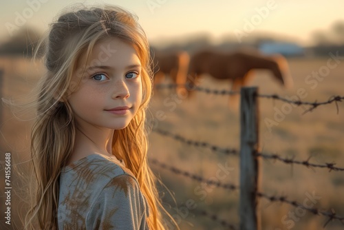 A cheerful 7-year-old Girl wearing, standing with his back to us near a low fence, Behind the fence, horsess roam under the soft daylight photo