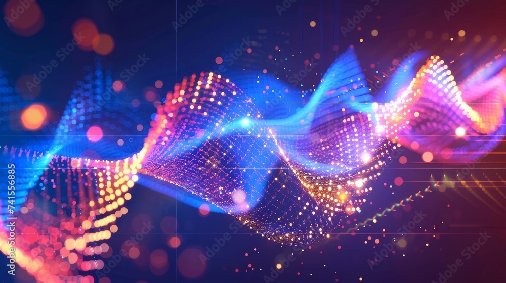Fototapeta premium Data technology illustration. Wave with connecting dots and lines on dark background. Wave of particles. 3D rendering