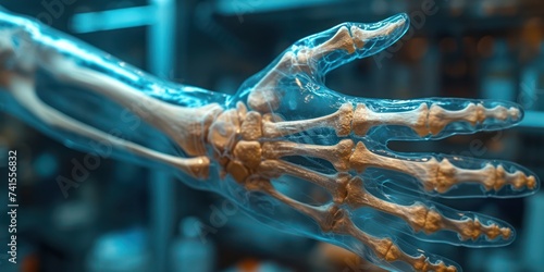 An x-ray of the patient's wrist bone in a blue laboratory background photo