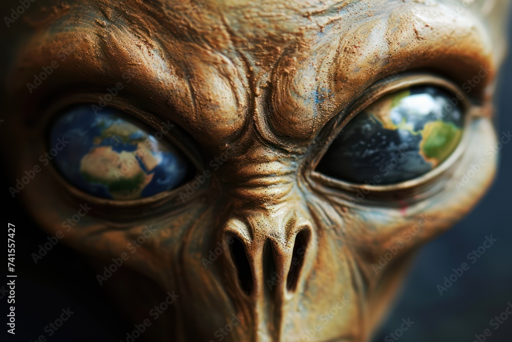 Alien's face with large eyes with a globe of the earth inside