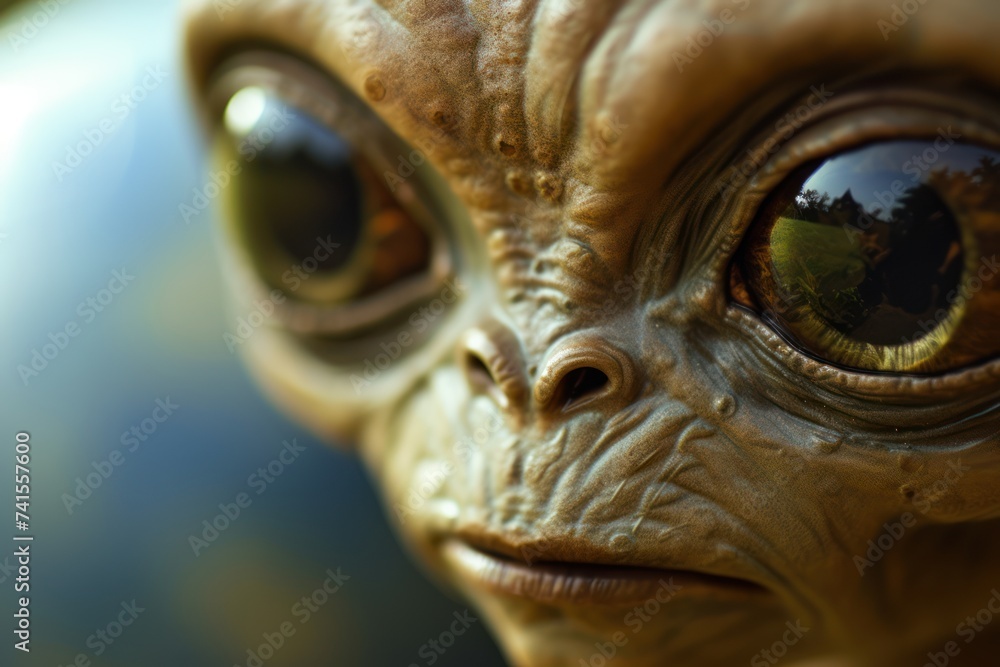 Close-up of an alien's face with large eyes with a globe inside Close-up of an alien's face with large eyes with a globe inside