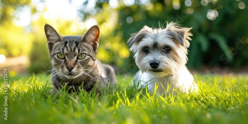 Cute little cat and Big dog sitting on the green grass Looking at the camera on a sunny morning