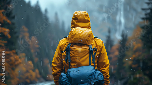 Picture from behind of a man in action-packed hiking adventure clothes. Survive with hiking equipment