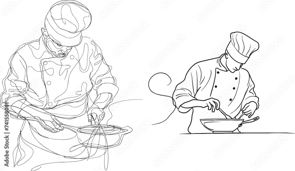 continuous line drawing of chef cooking big meal