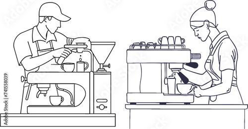 A continuous one drawn single barista line makes coffee in a tour of the coffee machine