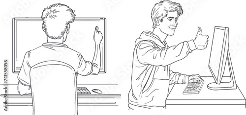 A young man in front of a computer monitor shows a thumbs up. Like. One line drawing isolated vector object by hand