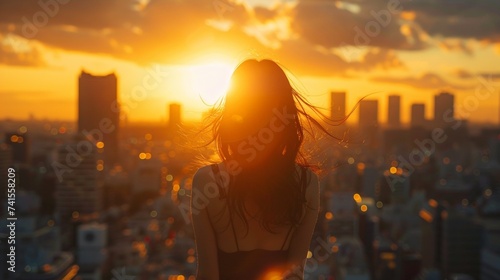 A beautiful woman with long blck hair  staring at the city skyline at sunset photo