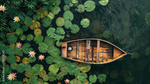 a boat surrounded by lotus s lily pads seen from above in thailand © urdialex