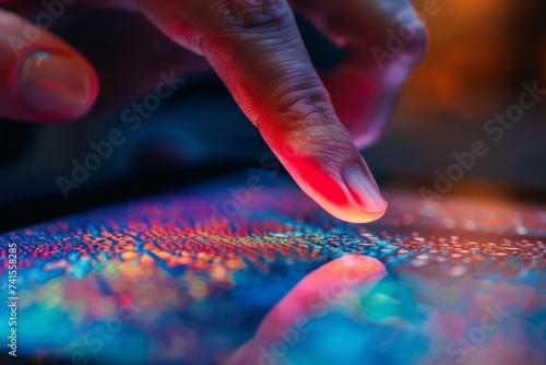 A close-up photograph of a human finger touching a tablet screen photo