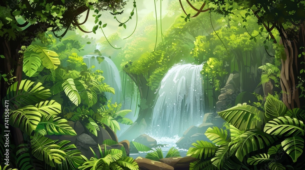 illustration of a lush green jungle with waterfalls