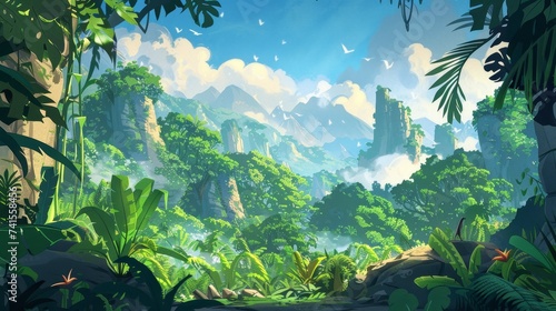 illustration of a lush green jungle full of trees and lesves photo