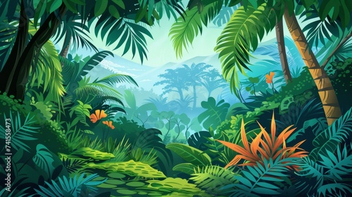 illustration of a lush green jungle full of trees and lesves