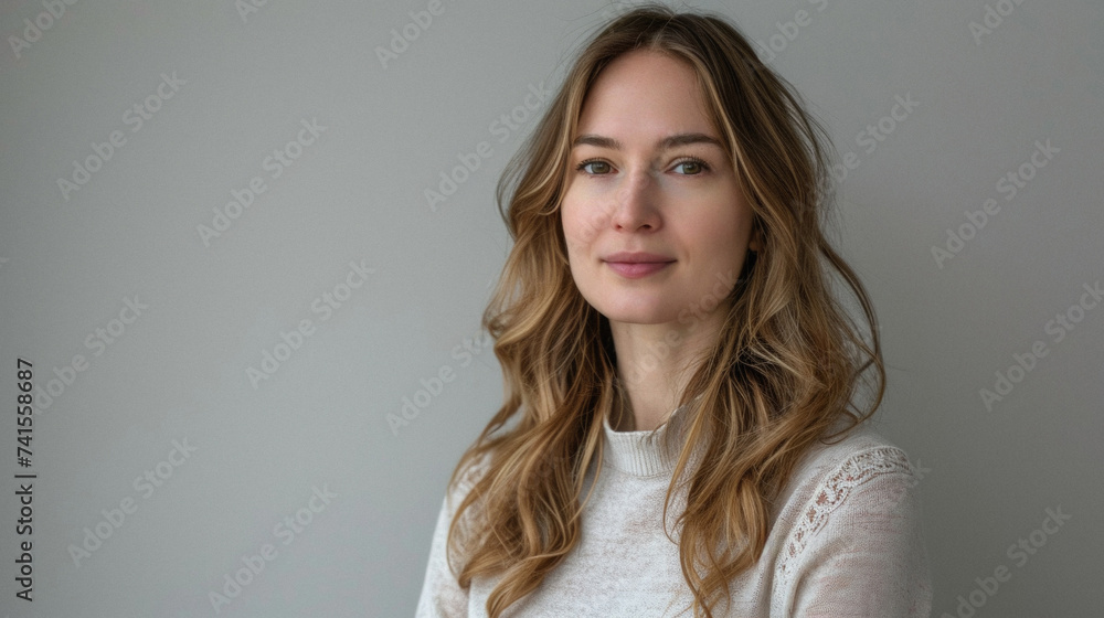 Fototapeta premium Happy attractive confident young adult or mid aged European woman posing for beauty aesthetic portrait. Beautiful lady smiling on background, attractive female model looking at camera. Close up face .