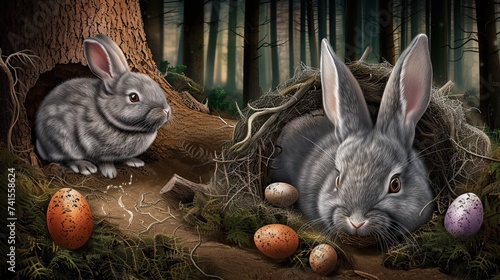 rabbits in the tree hollow. Generative AI 