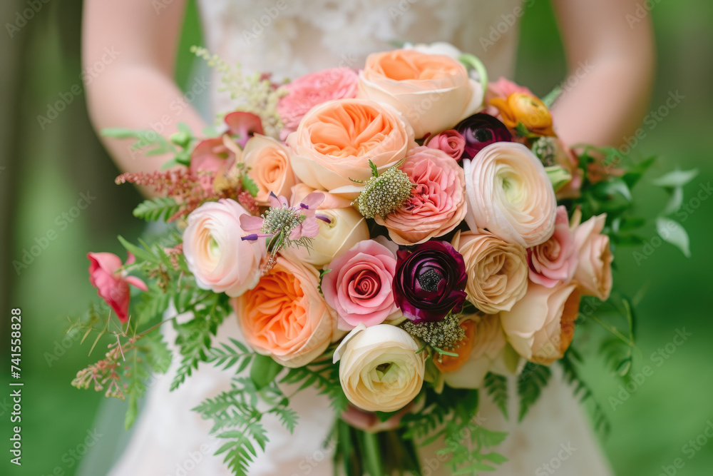 Bridal Bouquet Featuring Roses and Ranunculus