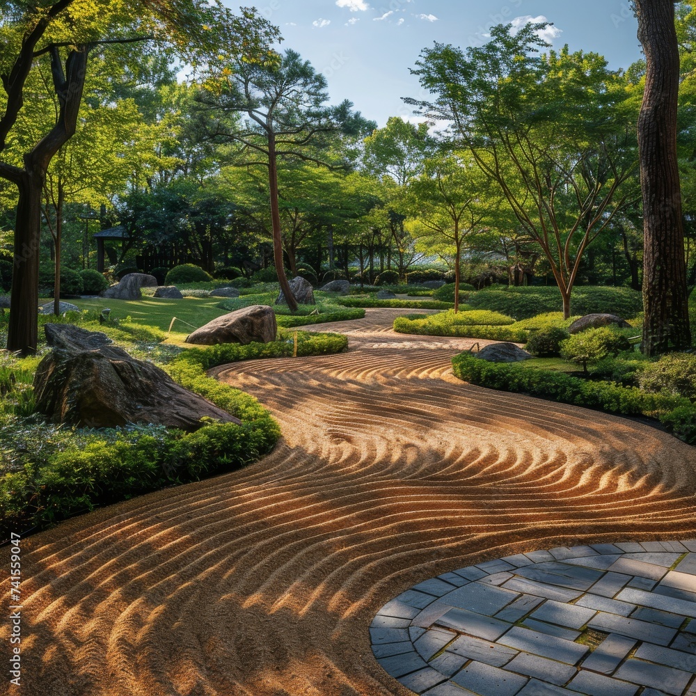 Peaceful Zen Garden with Raked Sand Patterns: A tranquil Zen garden featuring meticulously raked sand patterns surrounded by lush greenery. Peaceful Zen Garden with Raked Sand Patterns: A tranquil Zen garden featuring meticulously raked sand patterns surrounded by lush greenery.