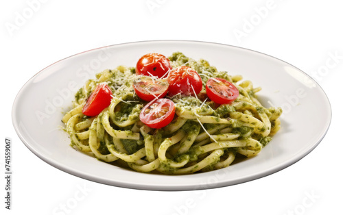 Savory Pesto Pasta with Cherry Tomatoes on white background