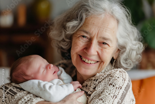 Portrait of Joyful Grandmother with Gray Hair Holding Her Newborn Grandchild photo