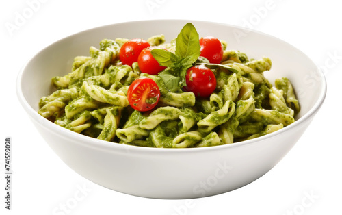 Flavorful Pesto Pasta with Fresh Cherry Tomatoes on white background