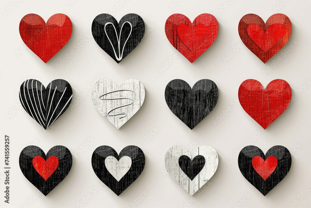 Authentic Heart Icons: Red and Black Heart Symbols in Flat, Woodcut Relief, Outline, Glossy, Paper Cut Shadows Styles on a White Natural Paper Effect Background. Authentic Heart Icons: Red and Black Heart Symbols in Flat, Woodcut Relief, Outline, Glossy, Paper Cut Shadows Styles on a White Natural Paper Effect Background.