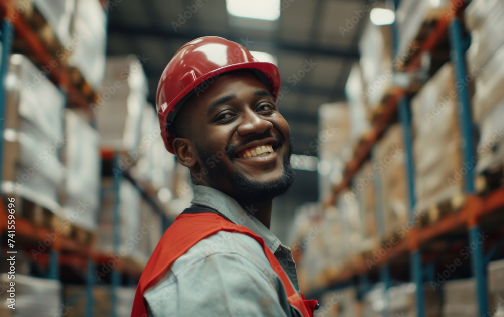 A cheerful construction worker confidently stands in a building, donning a vibrant red hard hat and a warm smile on his face A cheerful construction worker confidently stands in a building, donning a vibrant red hard hat and a warm smile on his face