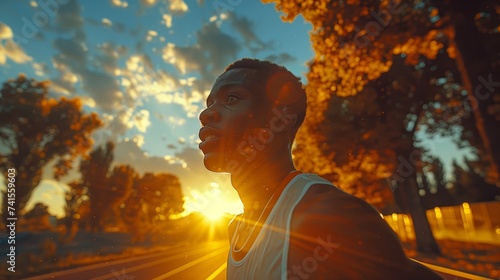 Close-up portrait of sweaty African runner at competition after 100m or 400m race in stadium on sunset photo