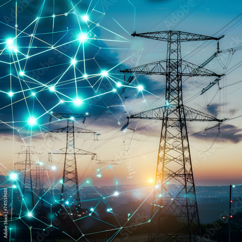 Electricity transmission towers with glowing wires against blue sky - Energy concept