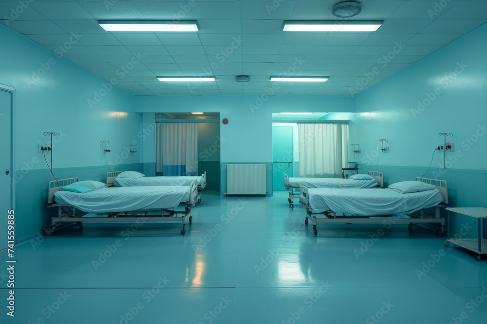 In the sterile hospital room, the beds and medical equipment stood silent under the warm glow of the radiator, creating a somber and clinical scene within the stark white walls and tiled floor In the sterile hospital room, the beds and medical equipment stood silent under the warm glow of the radiator, creating a somber and clinical scene within the stark white walls and tiled floor