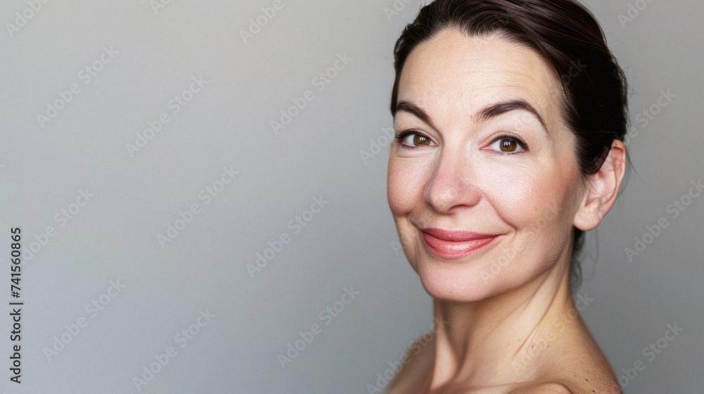 Happy attractive confident European woman of middle age posing for beauty portrait. Beautiful mid aged mature lady smiling on background, attractive female model looking at camera. Close up face . Happy attractive confident European woman of middle age posing for beauty portrait. Beautiful mid aged mature lady smiling on background, attractive female model looking at camera. Close up face .
