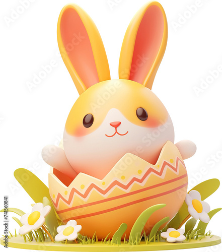 Cute rabbit coming out of an easter egg shell 3d style isolated on transparent background. PNG