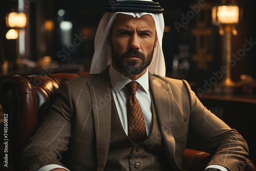 With a strong sense of cultural identity, an Arab businessman leads a meeting in his office, exuding confidence and professionalism in traditional clothing