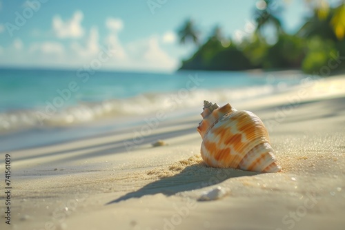 Shell on the beach of a tropical island landscape. Vacation and relaxation. Blurred ocean view