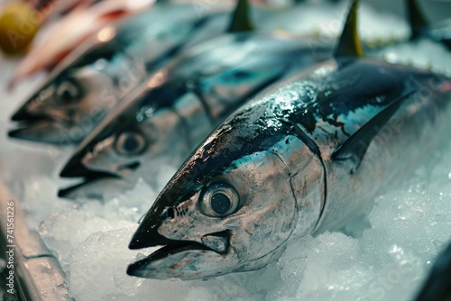 tuna fish on ice in fish market